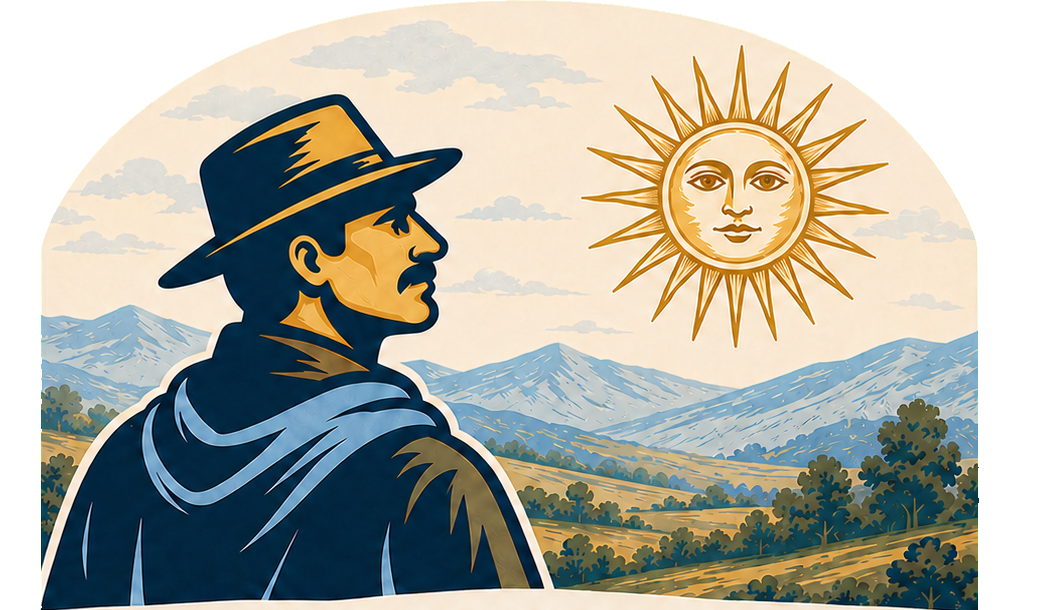 Chimichurri del Cazador gaucho and Sun of May illustration