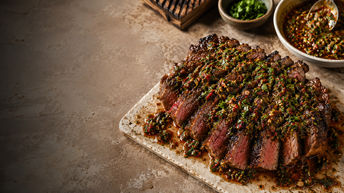 Sliced grilled steak finished with herb-forward red chimichurri