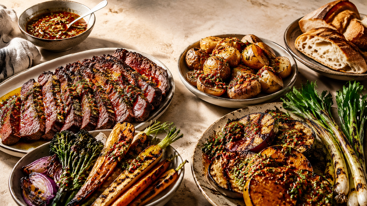 Grilled steak, potatoes, vegetables and bread served with red chimichurri